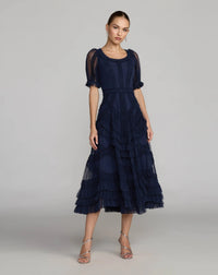 Mac Duggal #8248 indigo short sleeve micro ruffle midi dress