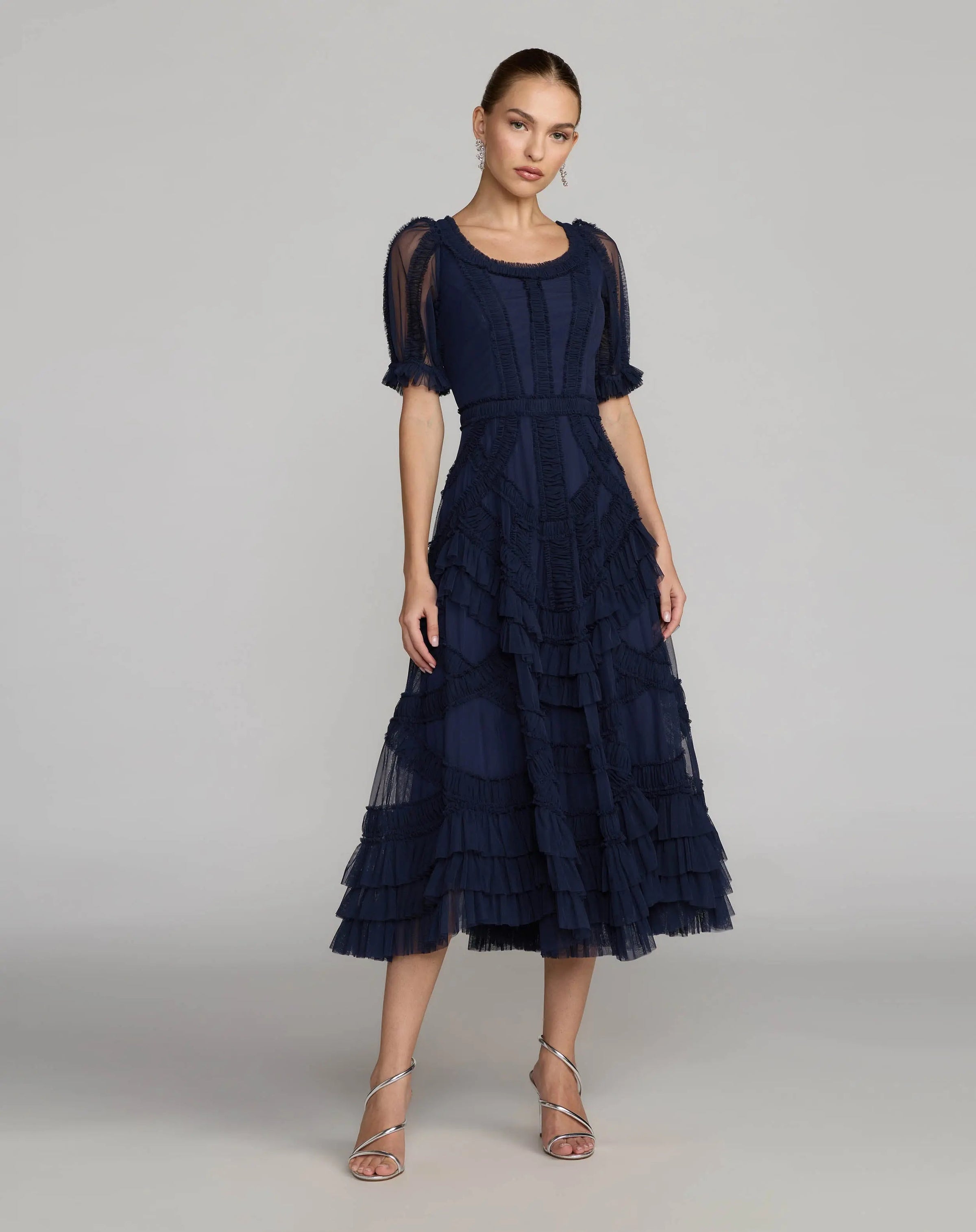 Mac Duggal #8248 indigo short sleeve micro ruffle midi dress