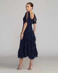 Mac Duggal #8248 indigo short sleeve micro ruffle midi dress