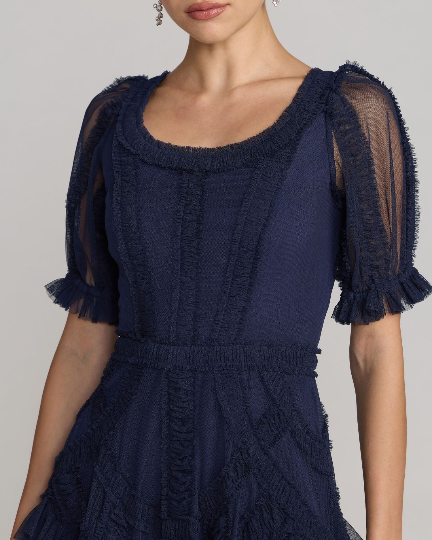 Mac Duggal #8248 indigo short sleeve micro ruffle midi dress
