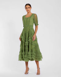 Mac Duggal #8248 moss green short sleeve micro ruffle midi dress