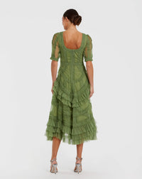 Mac Duggal #8248 moss green short sleeve micro ruffle midi dress
