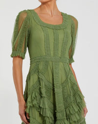 Mac Duggal #8248 moss green short sleeve micro ruffle midi dress