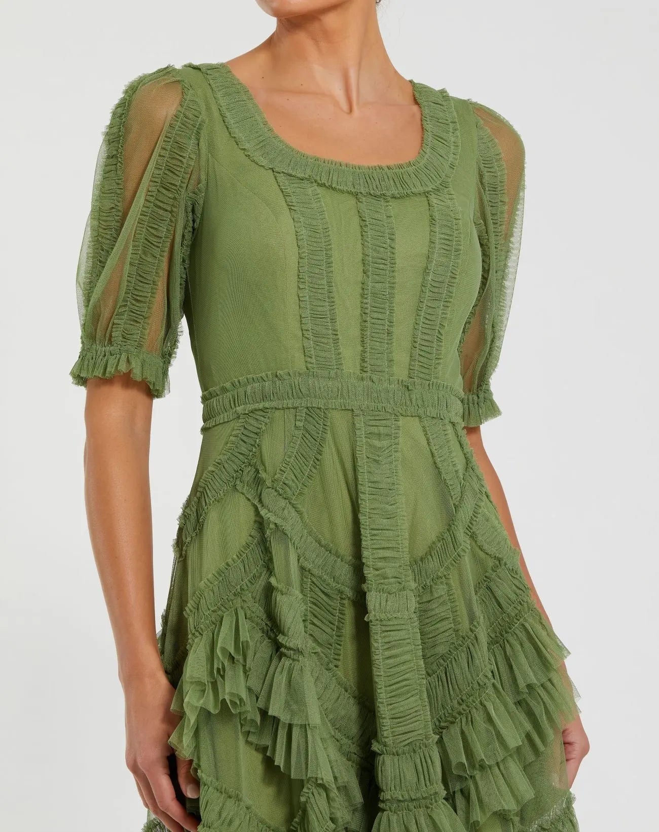 Mac Duggal #8248 moss green short sleeve micro ruffle midi dress