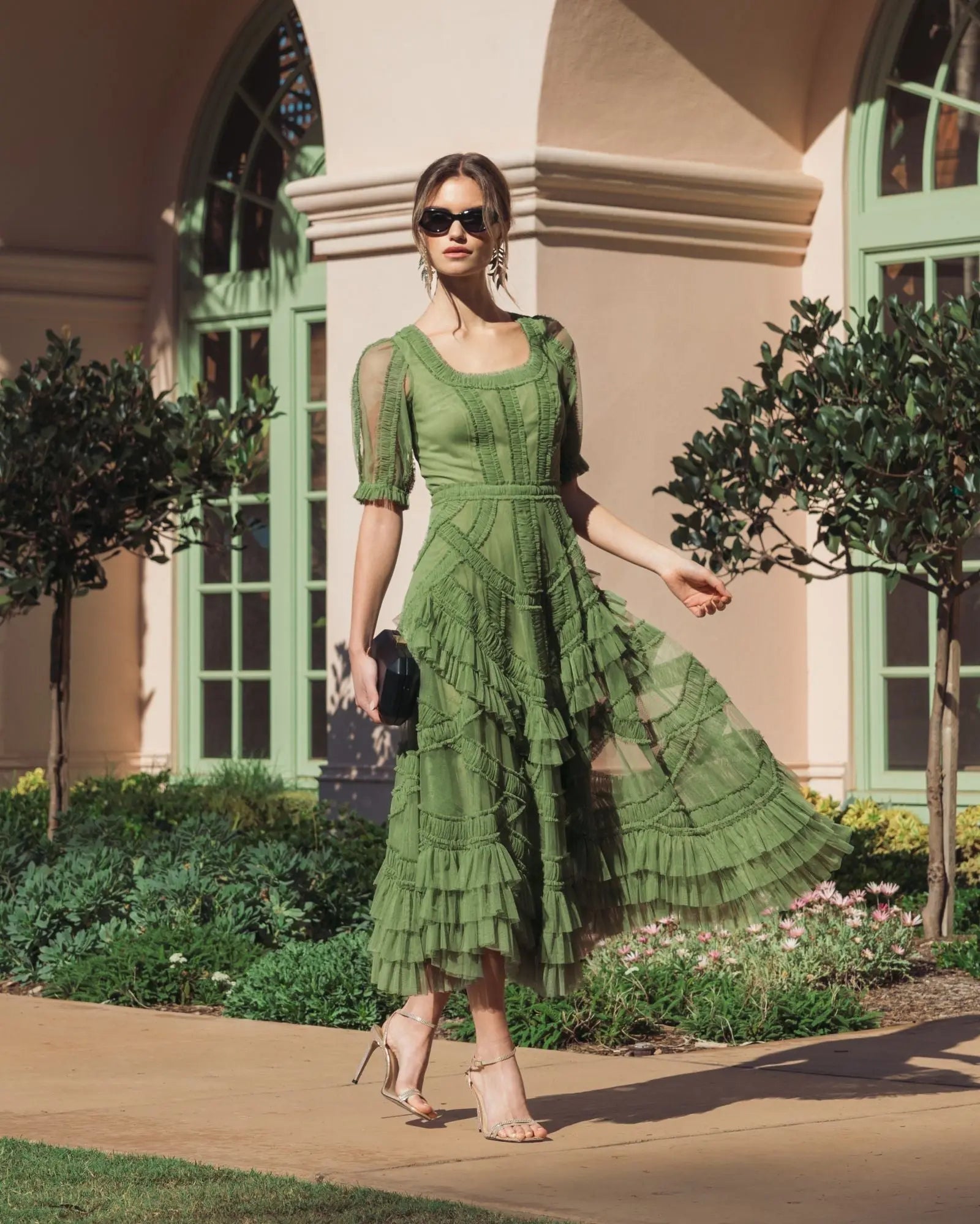 Mac Duggal #8248 moss green short sleeve micro ruffle midi dress
