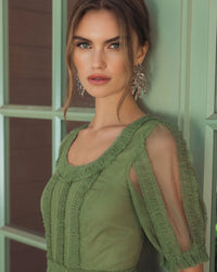 Mac Duggal #8248 moss green short sleeve micro ruffle midi dress