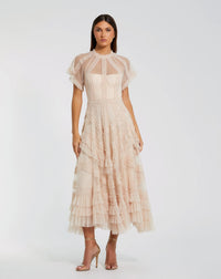 Mac Duggal #8249 blush flutter sleeve micro ruffle midi dress
