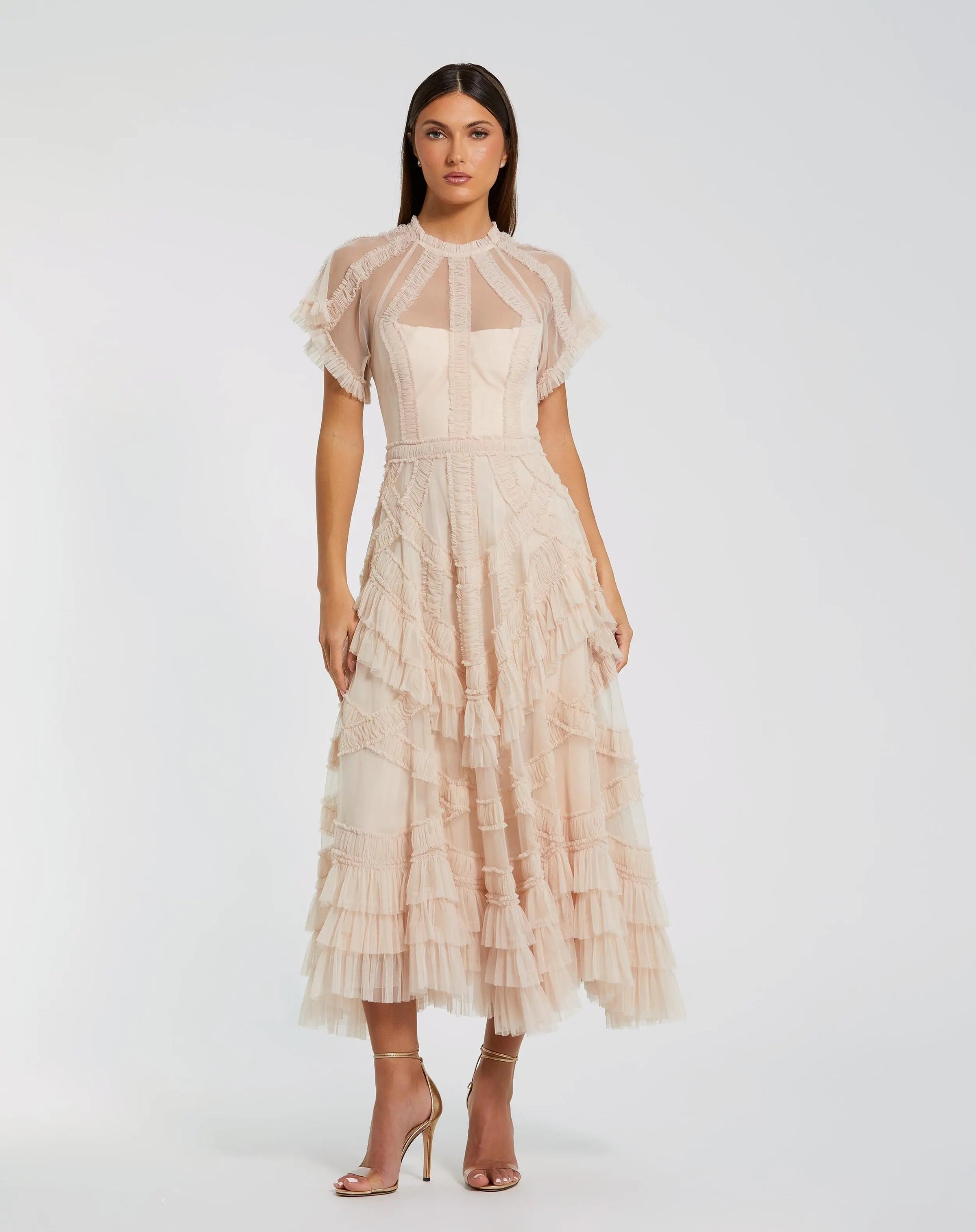 Mac Duggal #8249 blush flutter sleeve micro ruffle midi dress