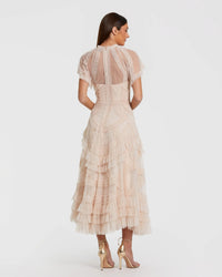 Mac Duggal #8249 blush flutter sleeve micro ruffle midi dress