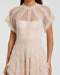 Mac Duggal #8249 blush flutter sleeve micro ruffle midi dress