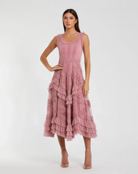 Peach Scoop Neck Sleeveless Mesh Micro Ruffle Midi Dress