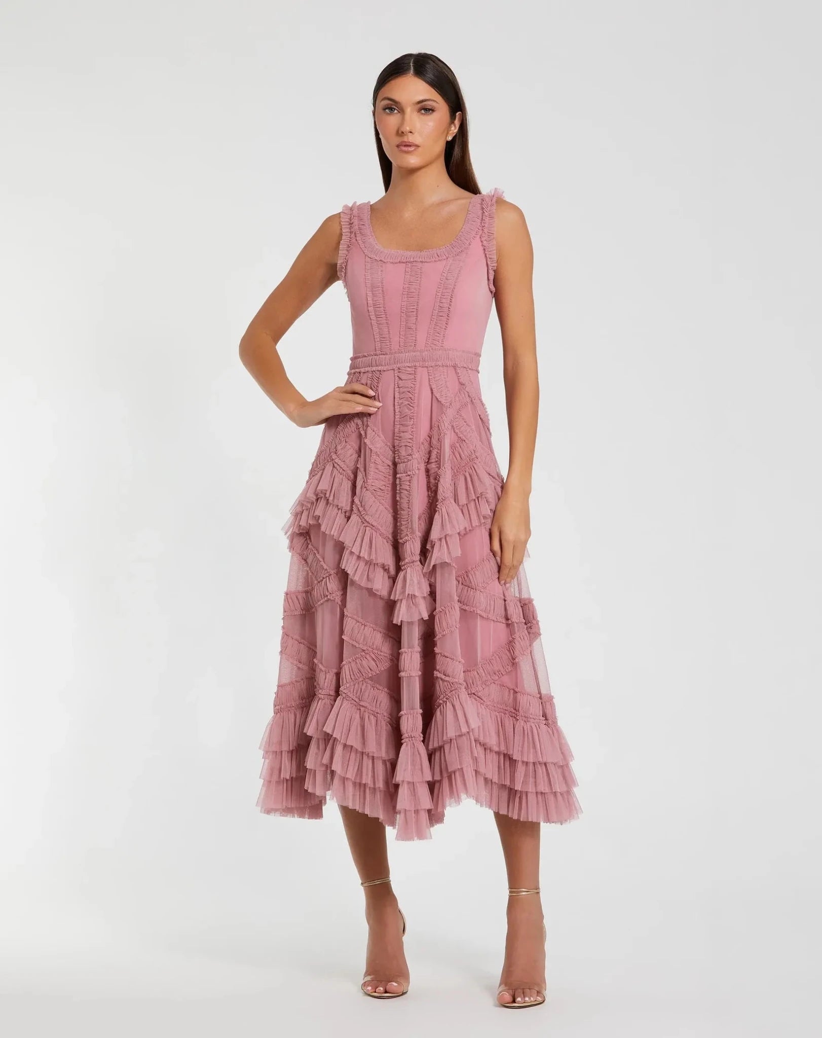 Peach Scoop Neck Sleeveless Mesh Micro Ruffle Midi Dress