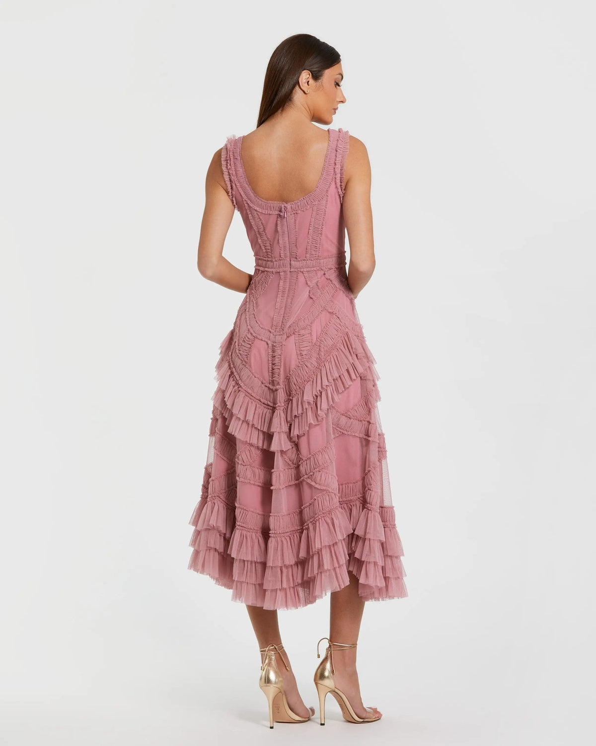 Mac Duggal #8250 antique rose scoop neck sleeveless micro ruffle midi dress