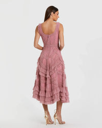 Peach Scoop Neck Sleeveless Mesh Micro Ruffle Midi Dress