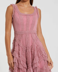 Peach Scoop Neck Sleeveless Mesh Micro Ruffle Midi Dress