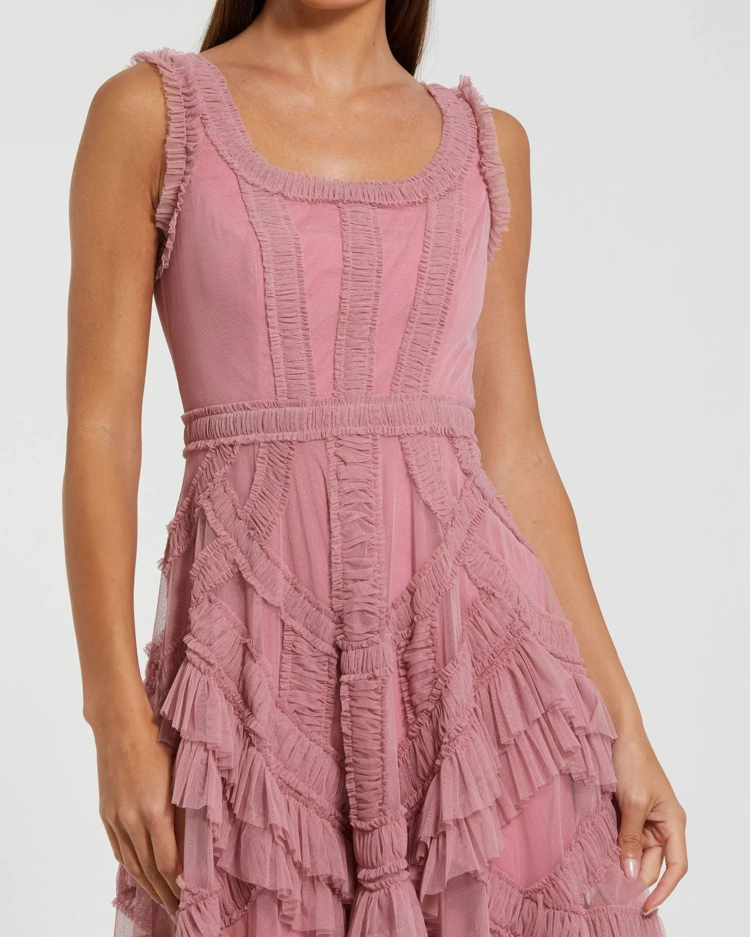 Peach Scoop Neck Sleeveless Mesh Micro Ruffle Midi Dress