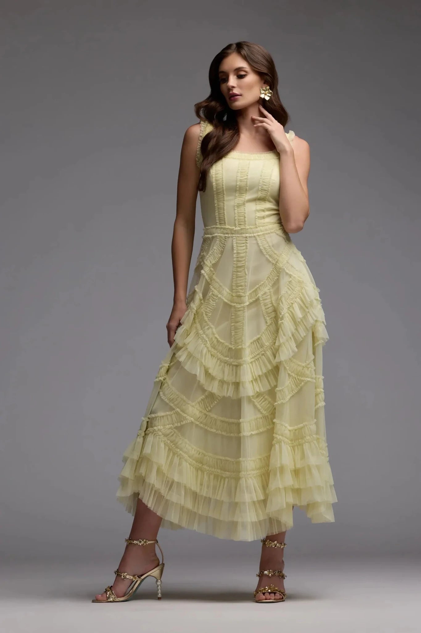 Buttercup Scoop Neck Sleeveless Mesh Micro Ruffle Midi Dress