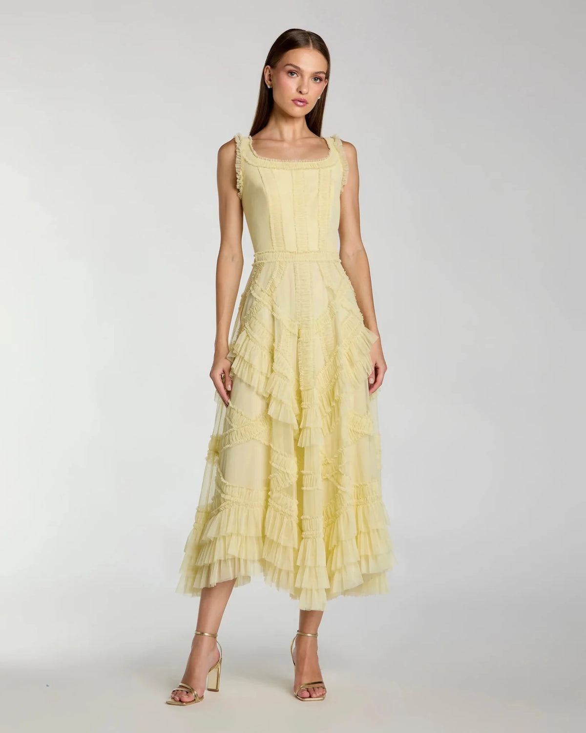 Buttercup Scoop Neck Sleeveless Mesh Micro Ruffle Midi Dress