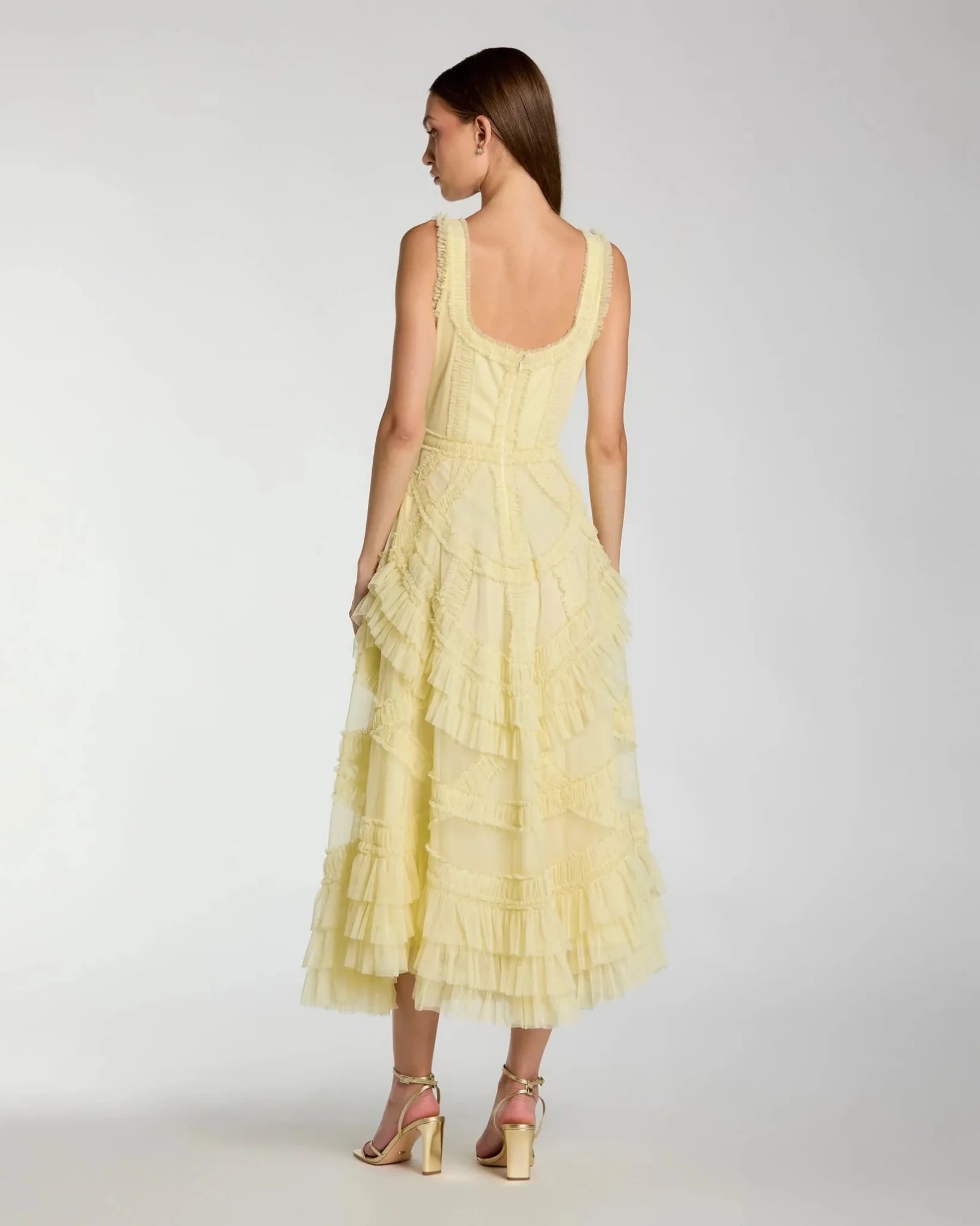 Buttercup Scoop Neck Sleeveless Mesh Micro Ruffle Midi Dress