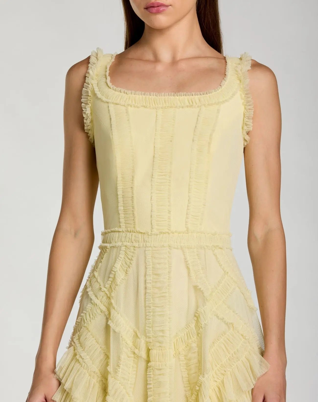 Buttercup Scoop Neck Sleeveless Mesh Micro Ruffle Midi Dress