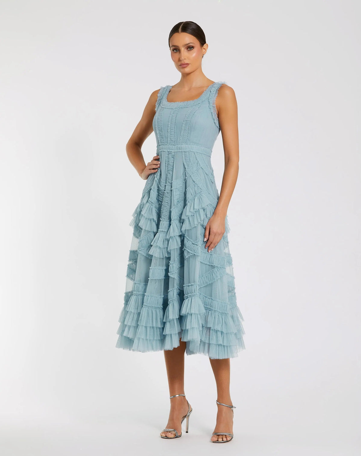 Mac Duggal #8250 french blue scoop neck sleeveless a-line ruffle midi dress