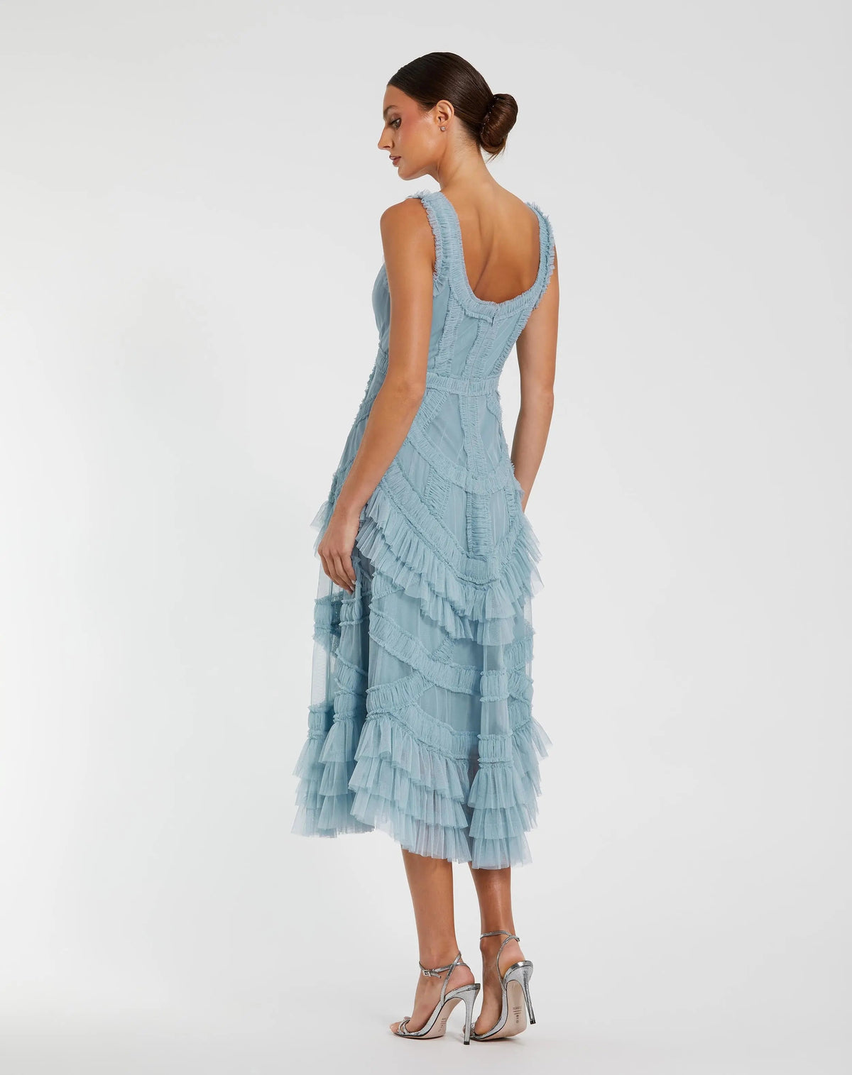 Mac Duggal #8250 french blue scoop neck sleeveless a-line ruffle midi dress
