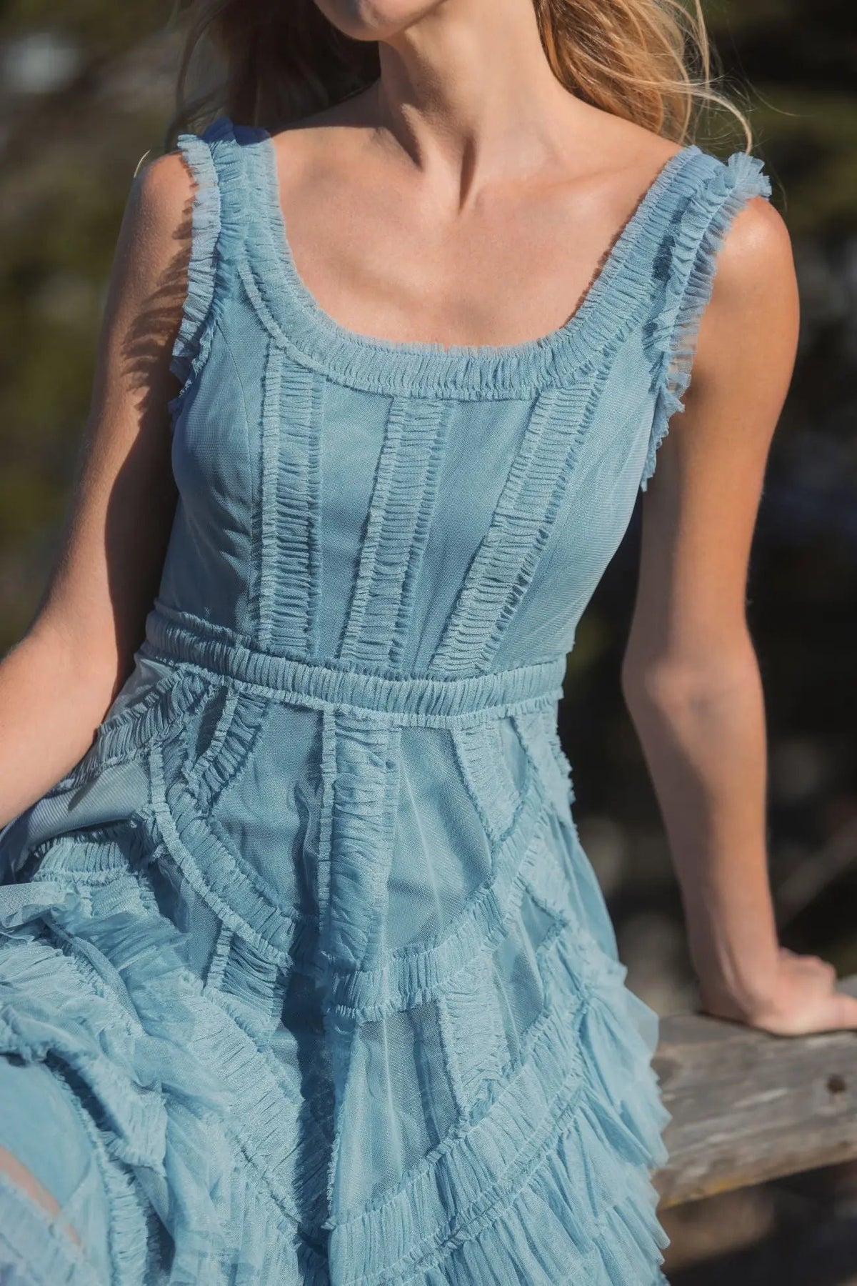Mac Duggal #8250 french blue scoop neck sleeveless a-line ruffle midi dress