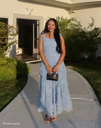 Mac Duggal #8250 french blue scoop neck sleeveless a-line ruffle midi dress