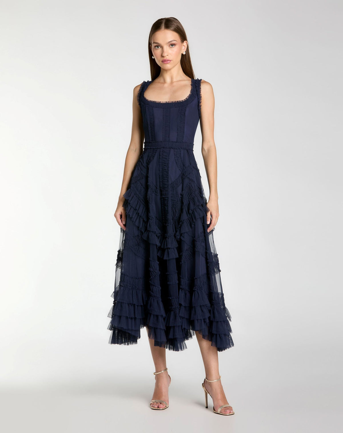 Mac Duggal #8250 midnight navy micro ruffle midi dress