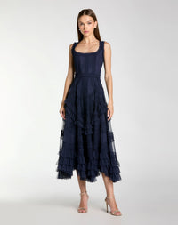 Mac Duggal #8250 midnight navy micro ruffle midi dress