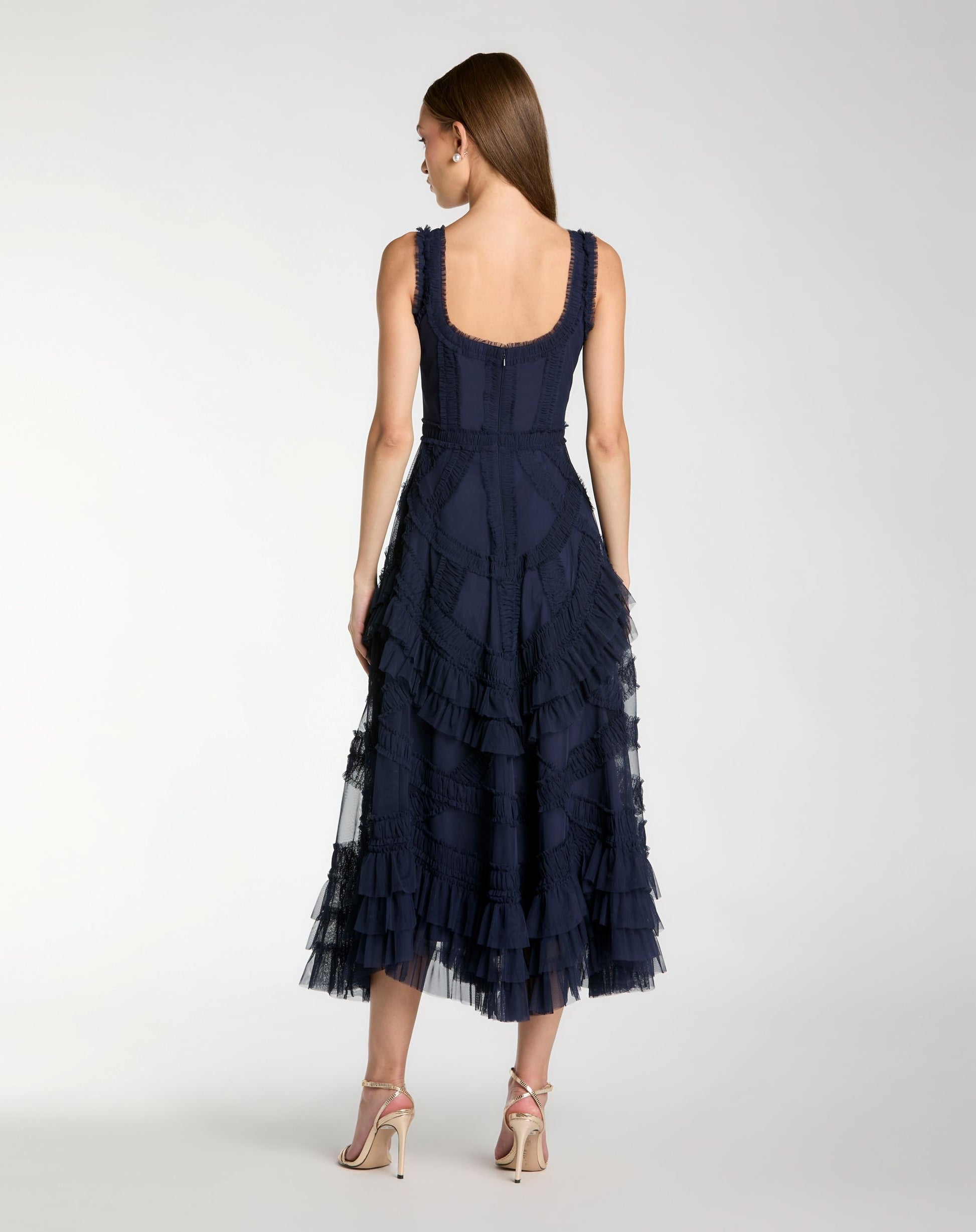 Mac Duggal #8250 midnight navy midi dress back view