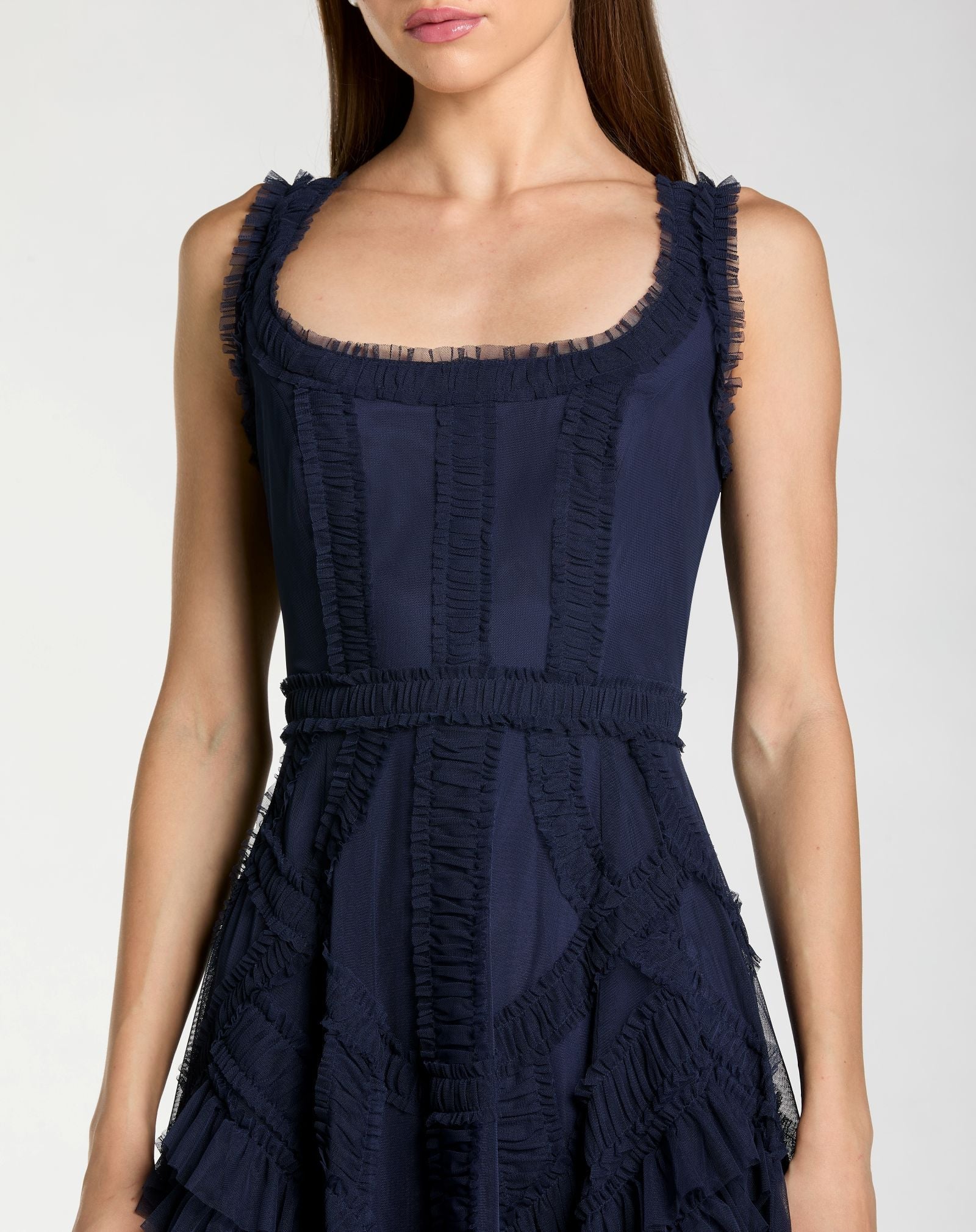 Mac Duggal #8250 midnight navy midi ruffle detail