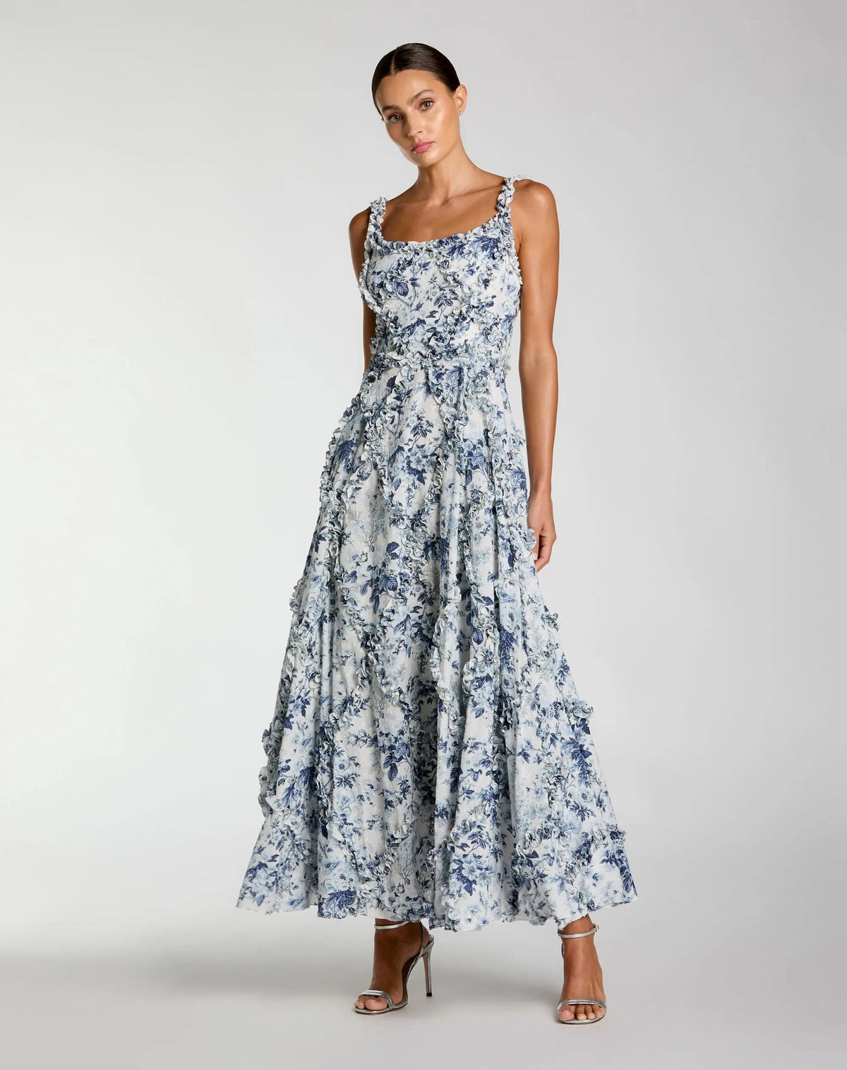 Studio shot of model wearing Mac Duggal Multicolor Ruffle Floral Scoop Neck Dress Multi #8256 Blue Multi 
