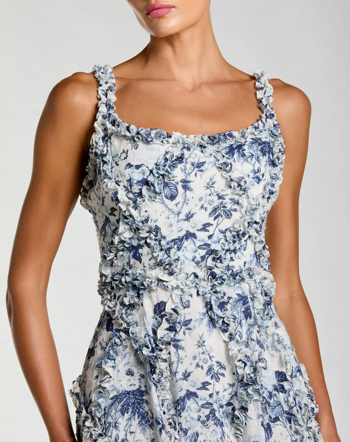 Close up studio shot of model wearing Mac Duggal Multicolor Ruffle Floral Scoop Neck Dress Multi #8256 Blue Multi 

