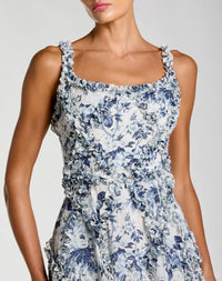 Close up studio shot of model wearing Mac Duggal Multicolor Ruffle Floral Scoop Neck Dress Multi #8256 Blue Multi 
