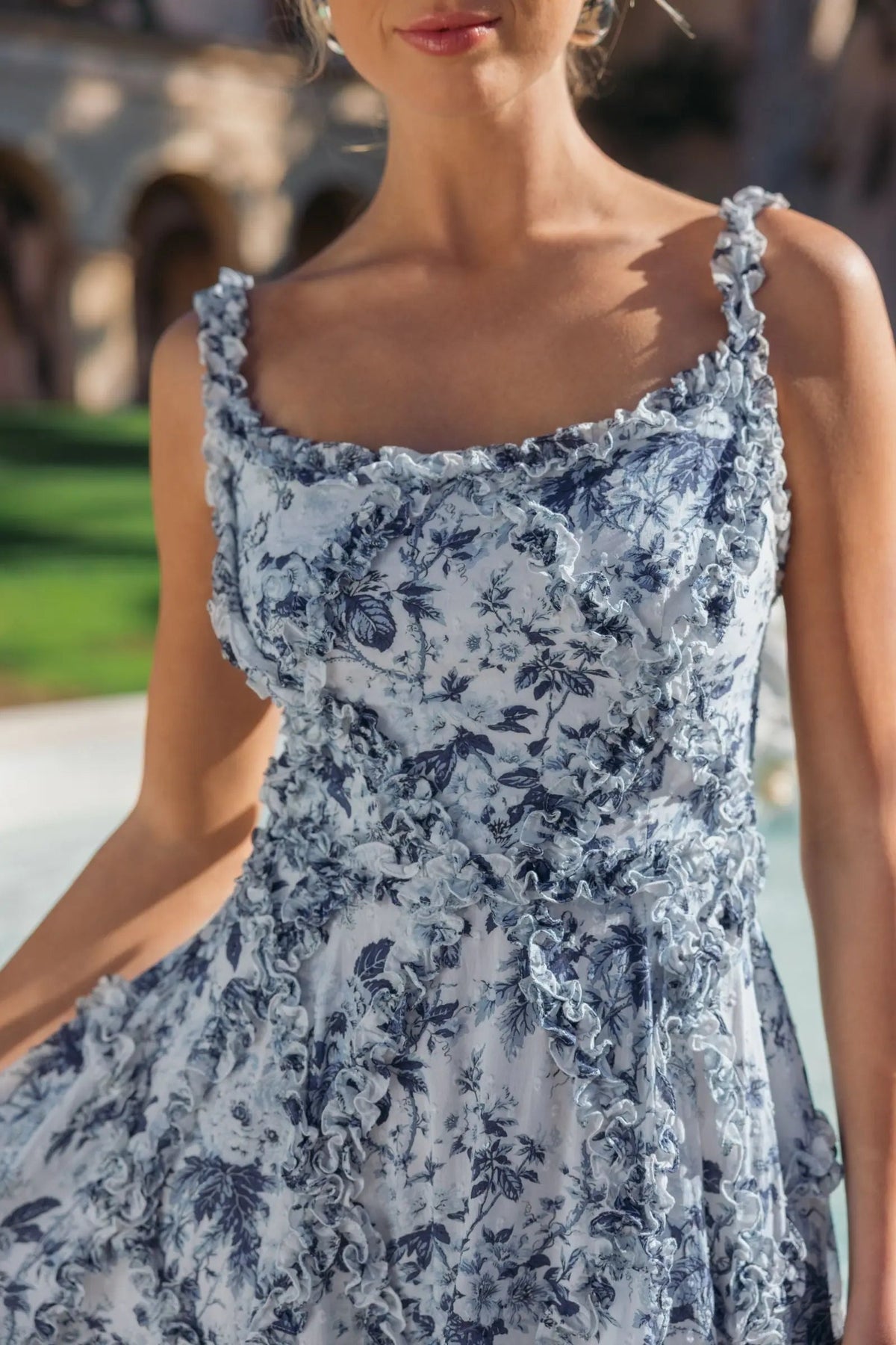 Editorial shot close up of model wearing Studio shot of model wearing Mac Duggal Multicolor Ruffle Floral Scoop Neck Dress Multi #8256 Blue Multi 
