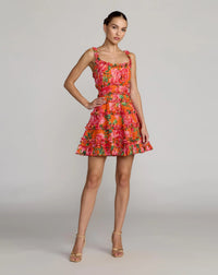 Mac Duggal #8257 Floral Square Neck Ruffled Cotton Mini Orange Multi