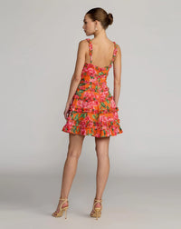 Floral Square Neck Ruffled Cotton Mini Dress - Orange Multi