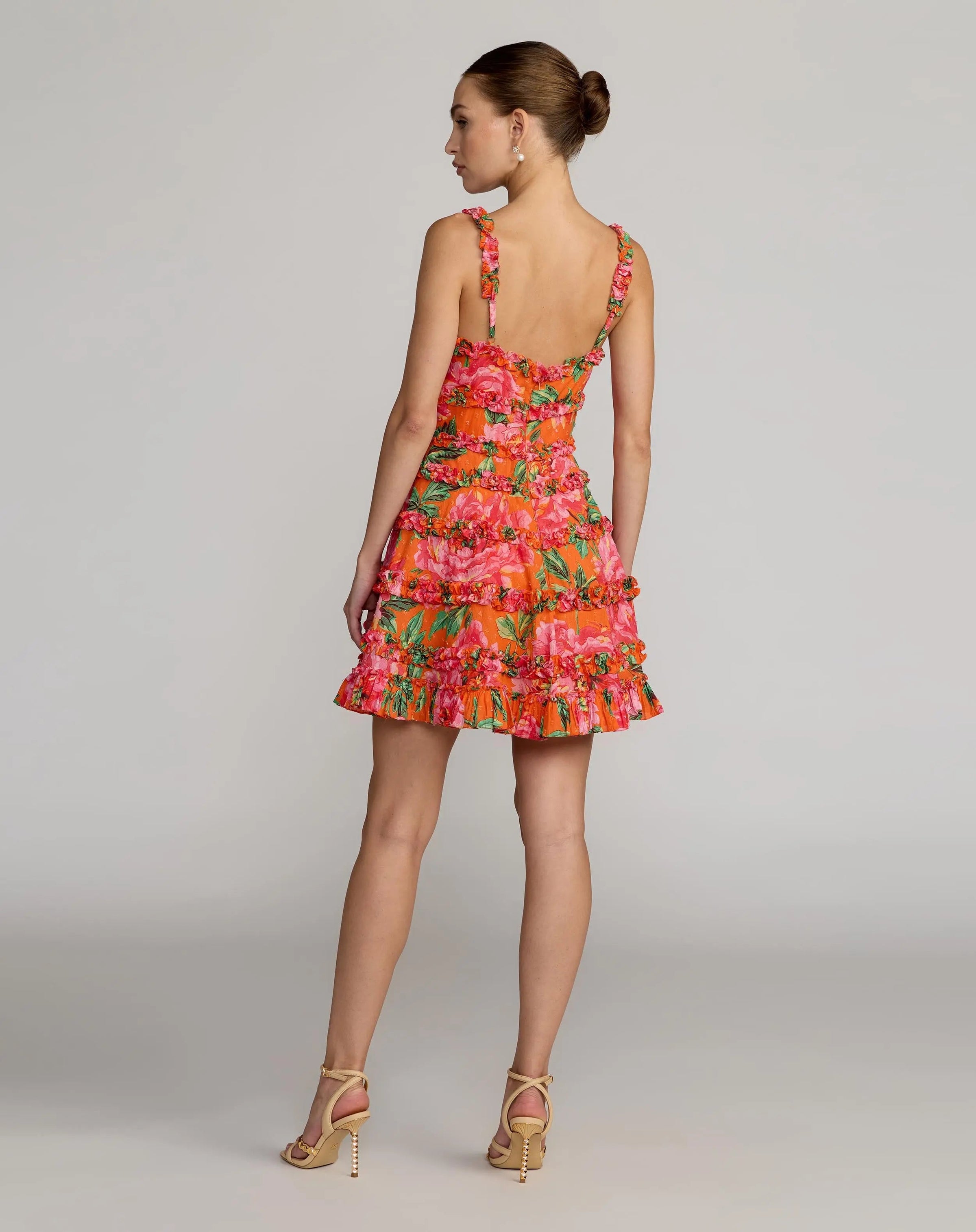 Floral Square Neck Ruffled Cotton Mini Dress - Orange Multi