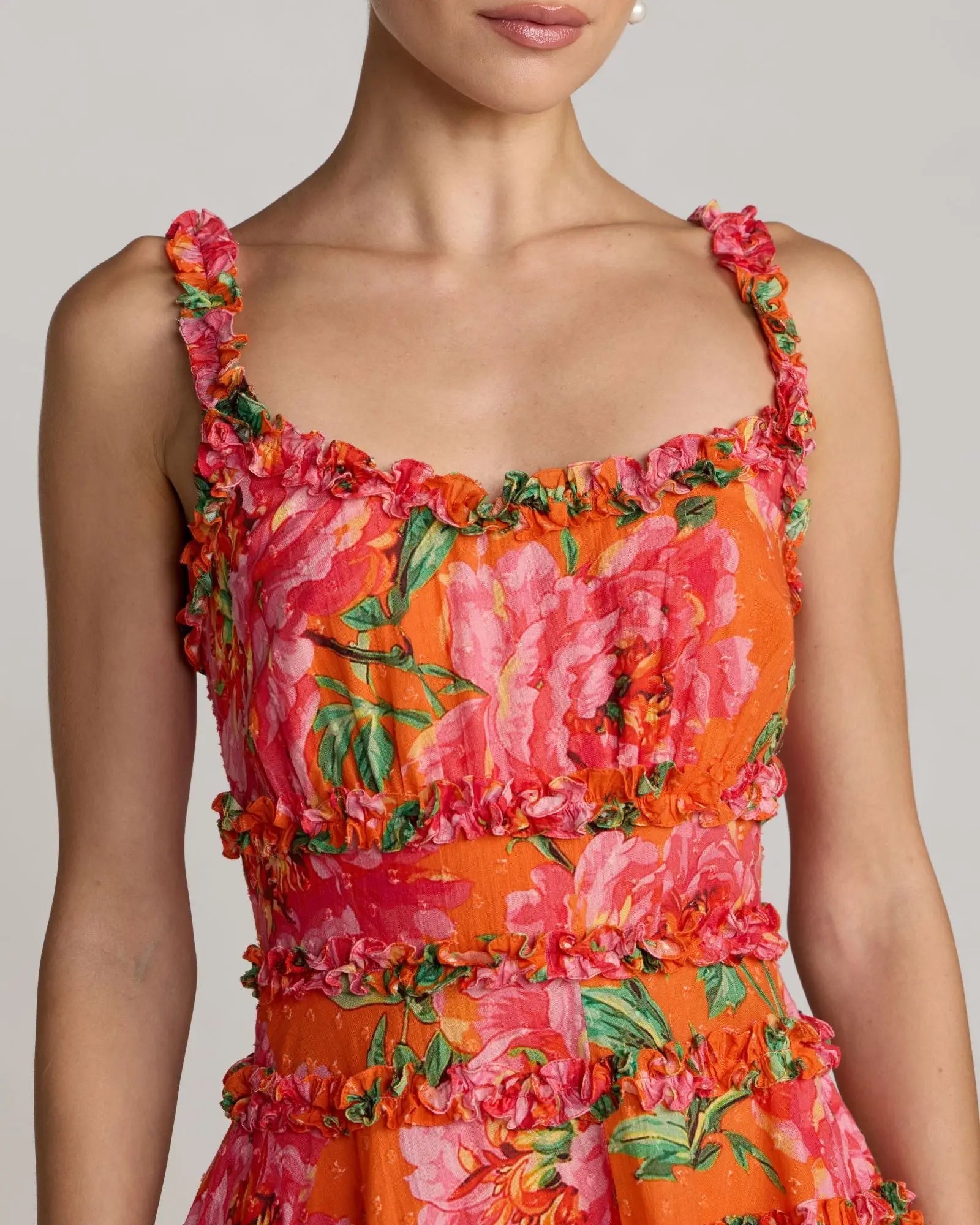 Floral Square Neck Ruffled Cotton Mini Dress - Orange Multi