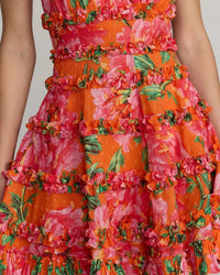 Floral Square Neck Ruffled Cotton Mini Dress - Orange Multi