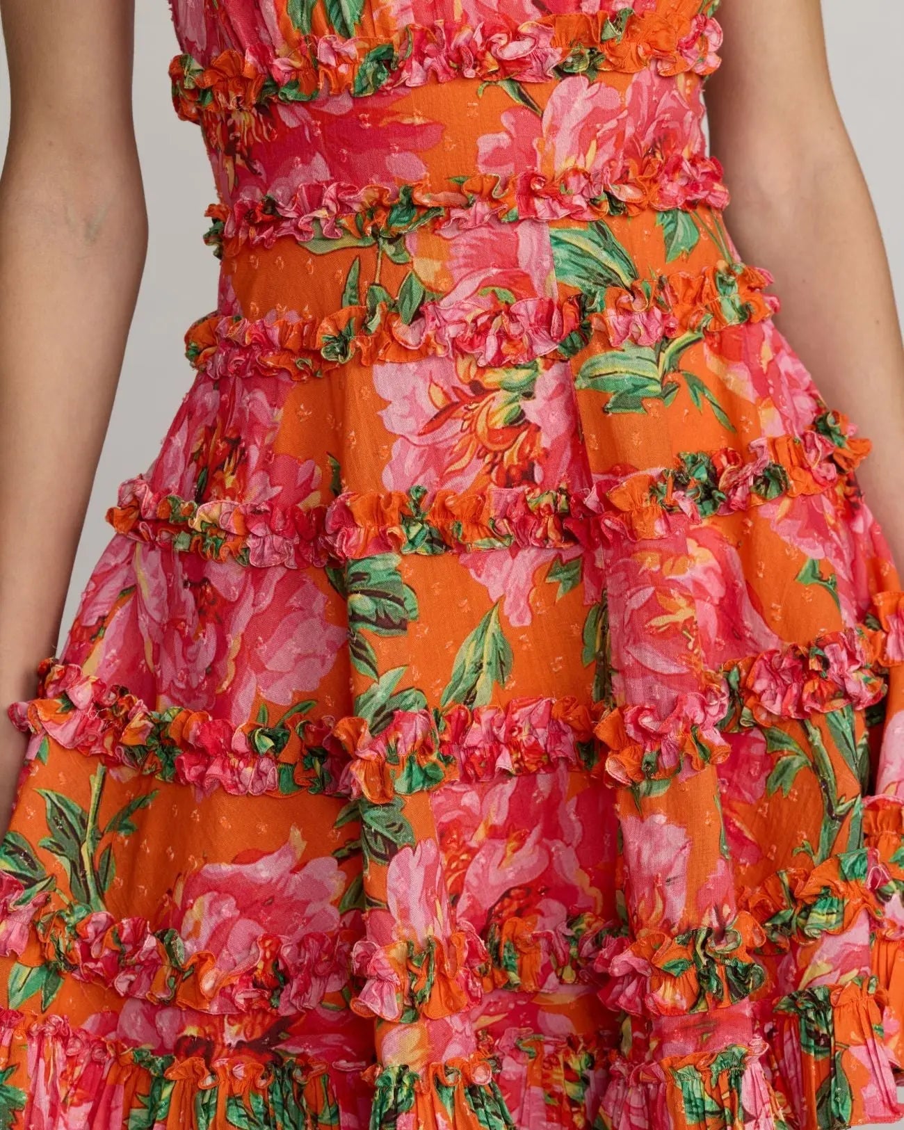 Floral Square Neck Ruffled Cotton Mini Dress - Orange Multi