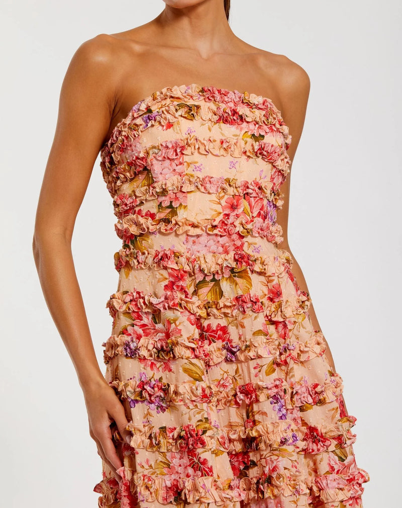 Ruffle Strapless Ankle Cotton Dress - Pink