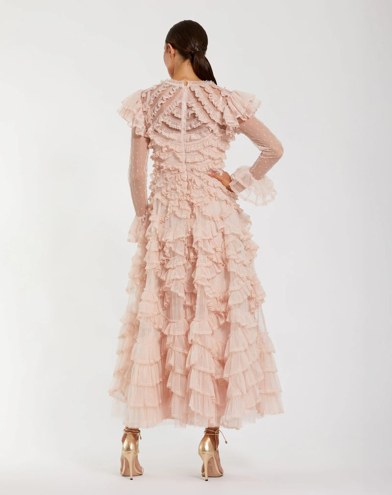Ruffle Trim Long Sleeve Midi Dress - Pink