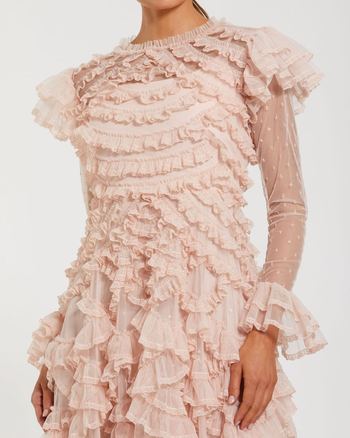 Pink Tiered Ruffle Trim Long Sleeve Midi Dress - Porcelain