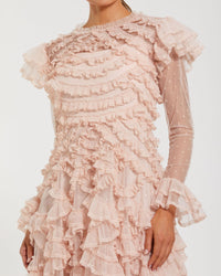 Ruffle Trim Long Sleeve Midi Dress - Pink