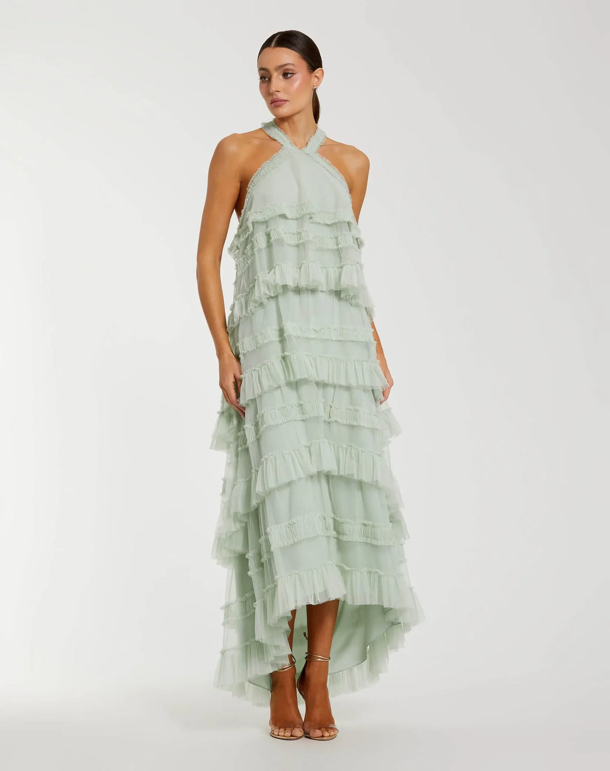 Mac Duggal Green Tiered Ruffle Halter Neck Midi Dress #8276 Seamist