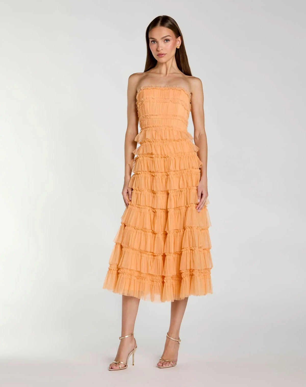 Mac Duggal #8286 sherbet micro ruffle strapless midi dress
