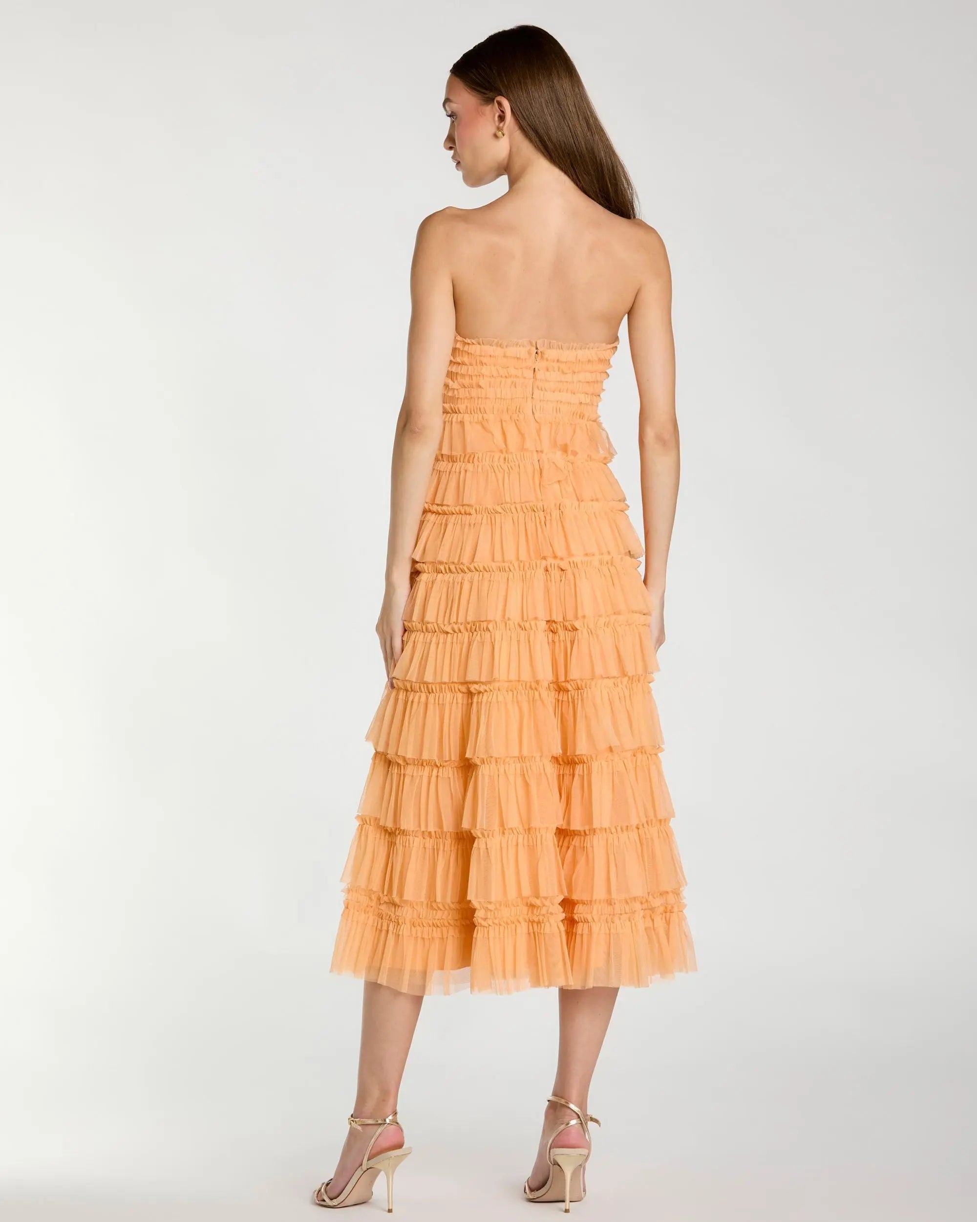 Mac Duggal #8286 sherbet micro ruffle strapless midi dress