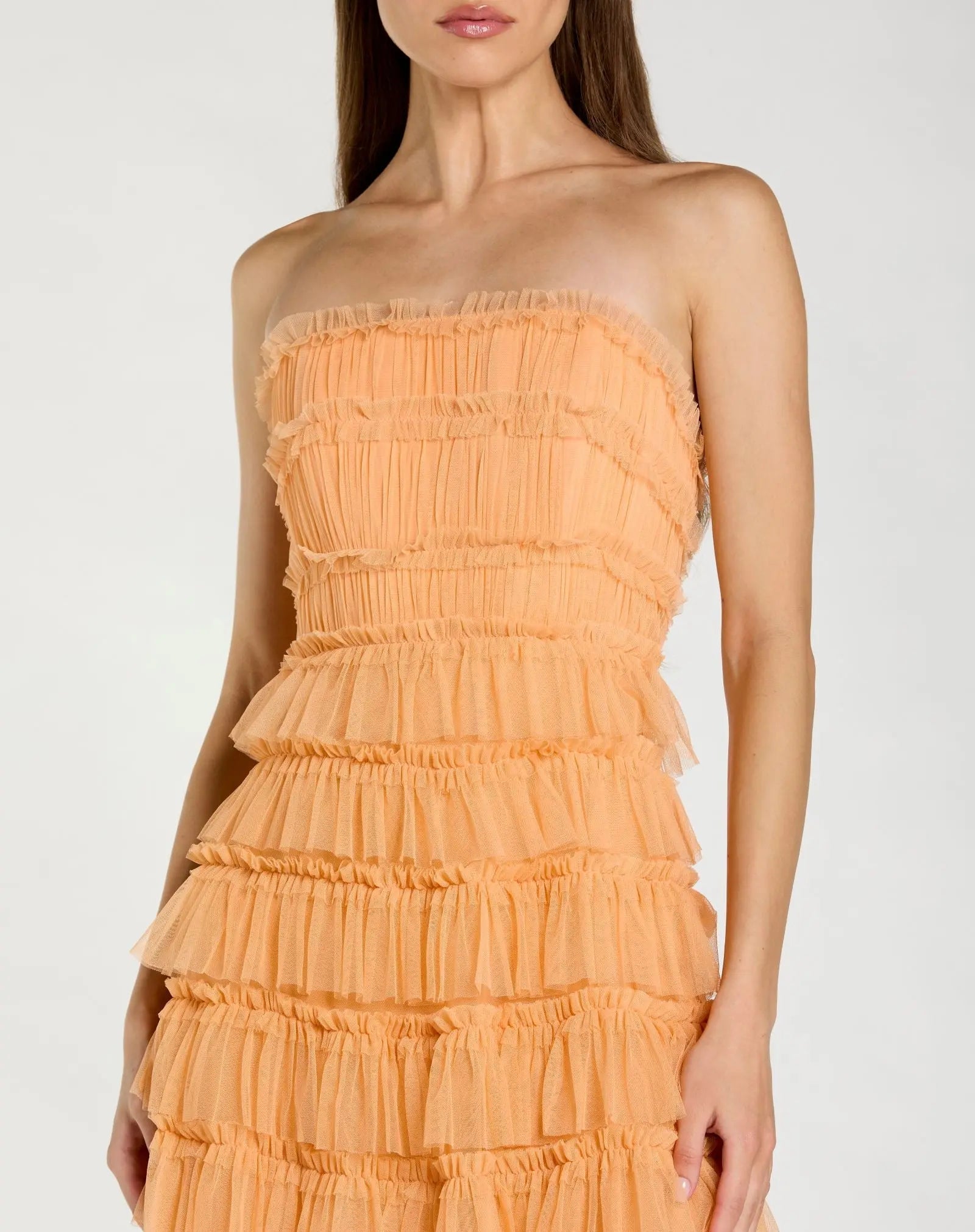 Mac Duggal #8286 sherbet micro ruffle strapless midi dress